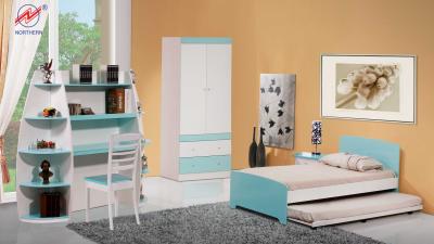 Bedroom set in light blue and white. Includes bed, desk, shelves, wardrobe, and artwork on a light orange wall.