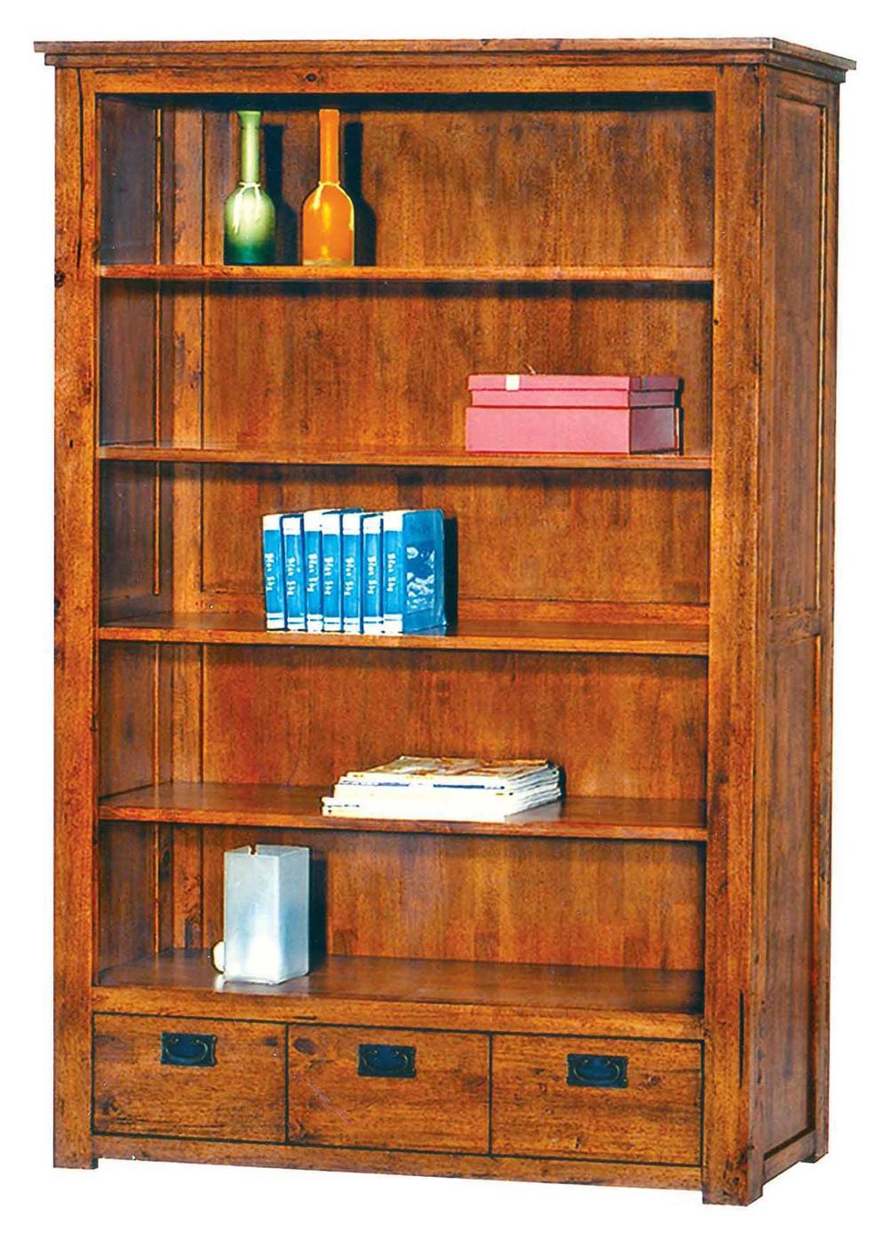 Wooden bookshelf with three drawers, holding books and decorative items.