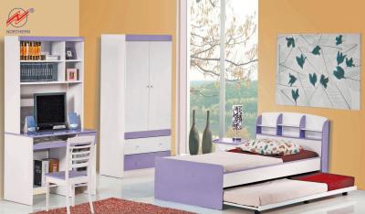 A kid's bedroom set with a desk, wardrobe, bed, and pull-out trundle. White and purple furniture.