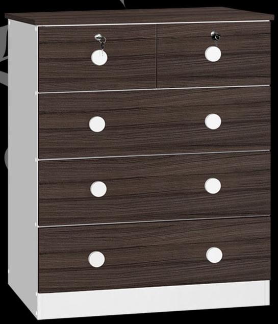 Chest of drawers with dark wood-grain front, white sides, and round white drawer pulls.