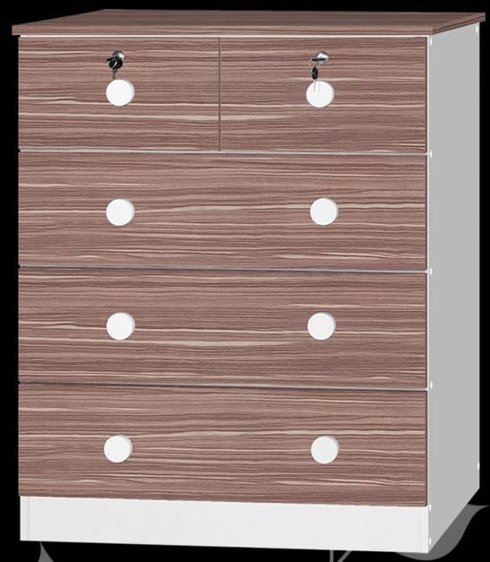 Chest of drawers with two small top drawers (locked) and three large drawers, brown wood-grain pattern, white knobs, white base.