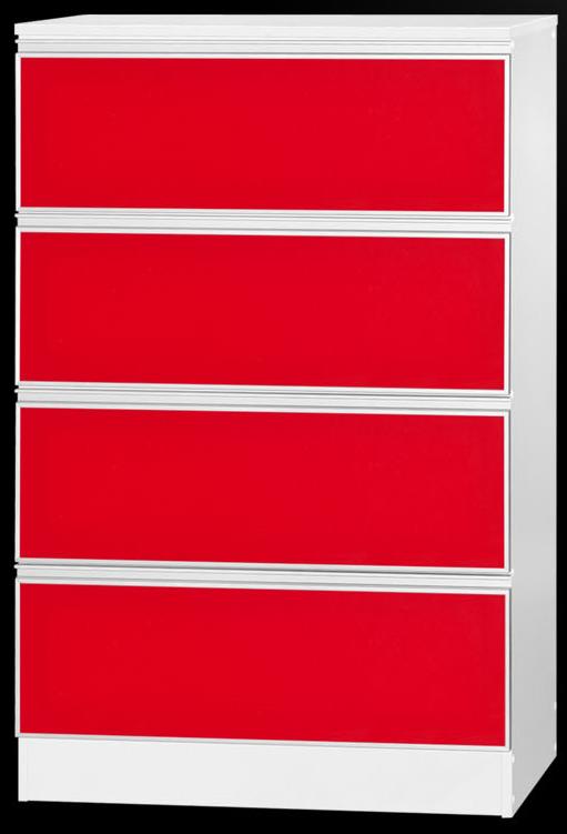 White dresser with four red drawers.