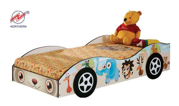 Child's car bed with cartoon animals and a Winnie the Pooh plush.