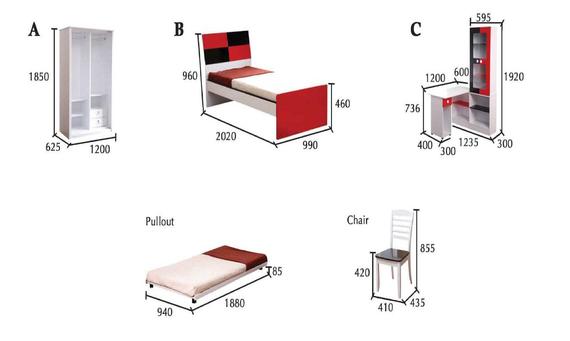 Furniture set with measurements: wardrobe, bed, vanity, another bed, and chair.