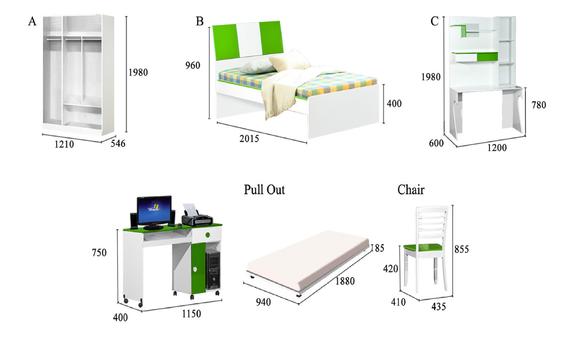 Furniture set: wardrobe, bed, desk with computer, pull-out bed, chair, all in white and green, with dimensions.