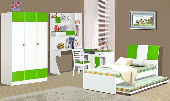 White and green children's bedroom furniture set: wardrobe, desk, bed with trundle, and chair.