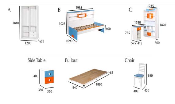 Furniture set: wardrobe, pullout bed, desk unit, side table, chair. Dimensions in mm are indicated.