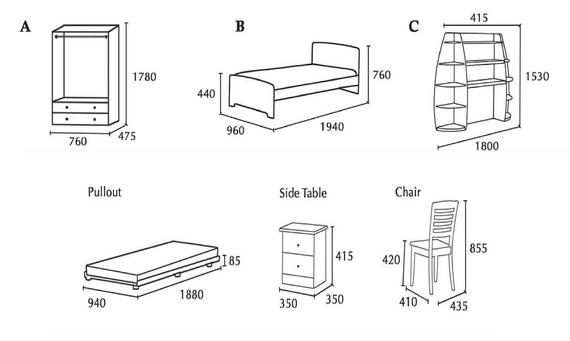 Diagram of bedroom furniture with dimensions: wardrobe, bed, desk, pullout bed, side table, chair.