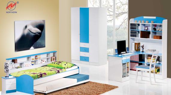 Children's bedroom set with a bed, wardrobe, desk, and shelves; white and blue accents.