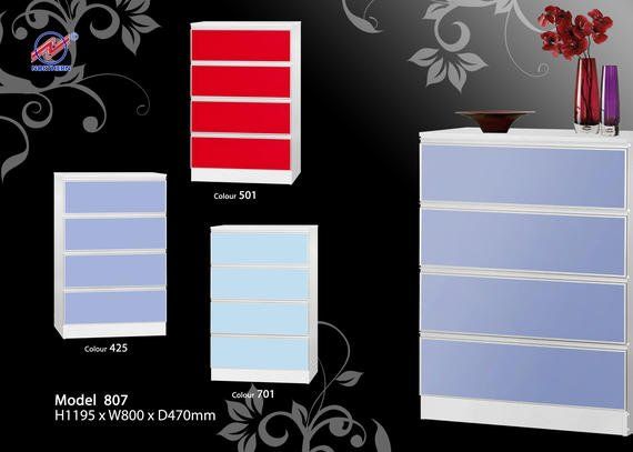 Shelves in red, blue, and light blue with white borders. Set against a patterned background with floral accents.
