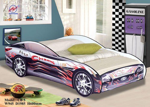 Car-shaped bed in a boy's room with a race car theme.