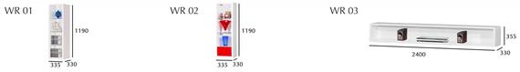 Three medical devices labeled WK 01, WK 02, and WK 03; a blue and red color scheme; and measurements along the sides.