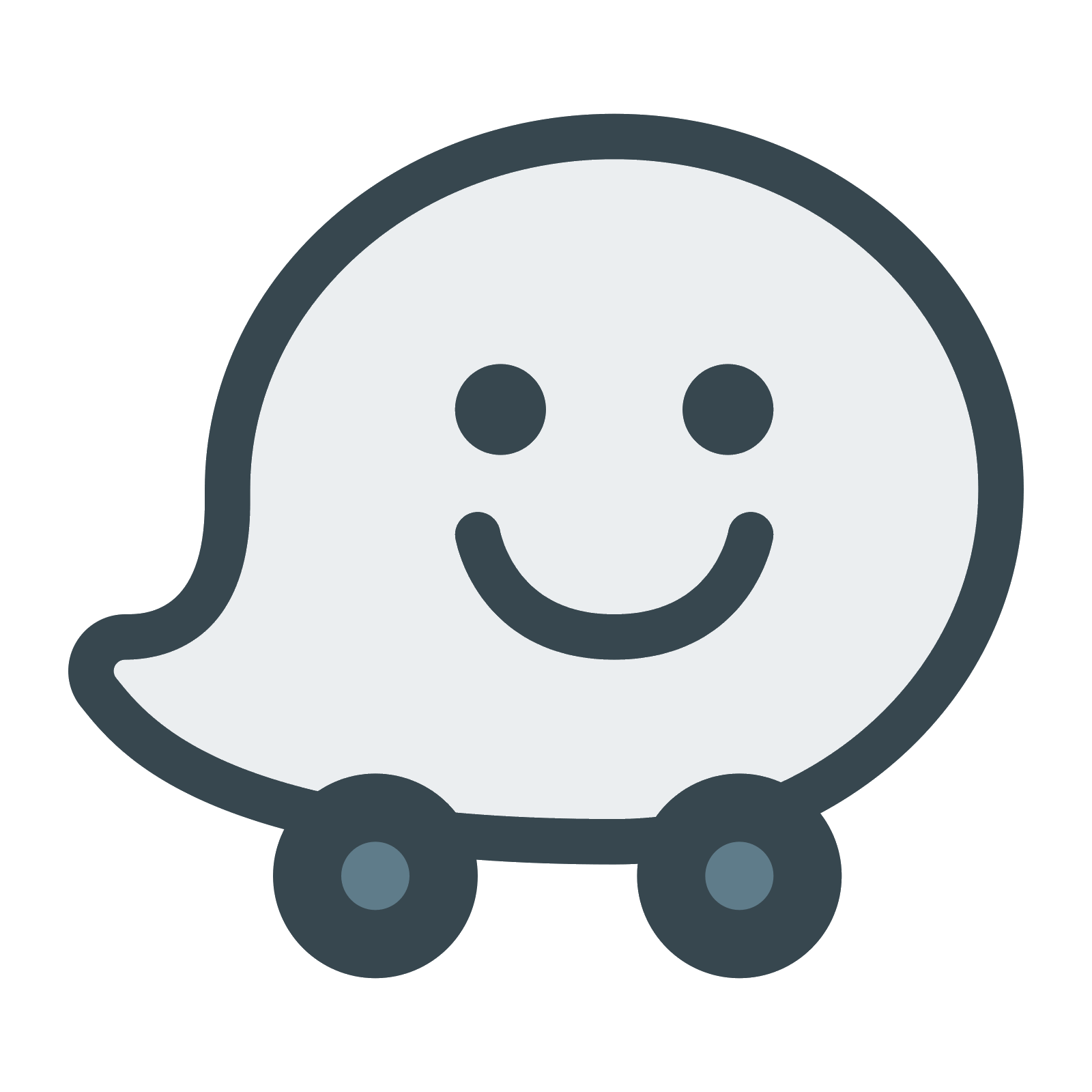 Smiling ghost-shaped car with dark blue wheels, eyes and outline.