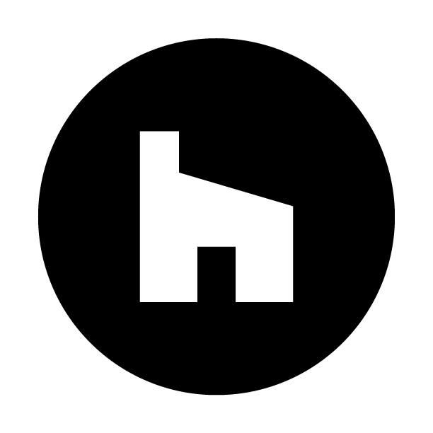 A white h in a black circle on a white background.