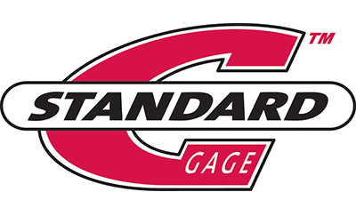A red and white logo for a company called standard gage.