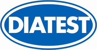 A blue and white diatest logo on a white background