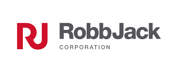 The logo for robb jack corporation is red and black on a white background.