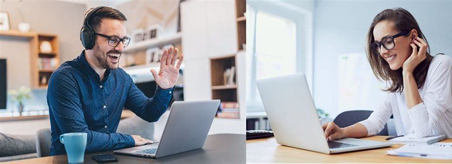 Un uomo e una donna stanno effettuando uno speed date online sui loro laptop.