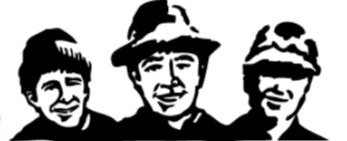 A black and white drawing of three men wearing hats.