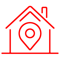 A red line icon of a house with a map pin in the middle.