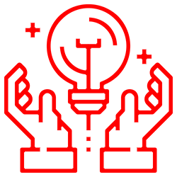 A red line icon of two hands holding a light bulb.