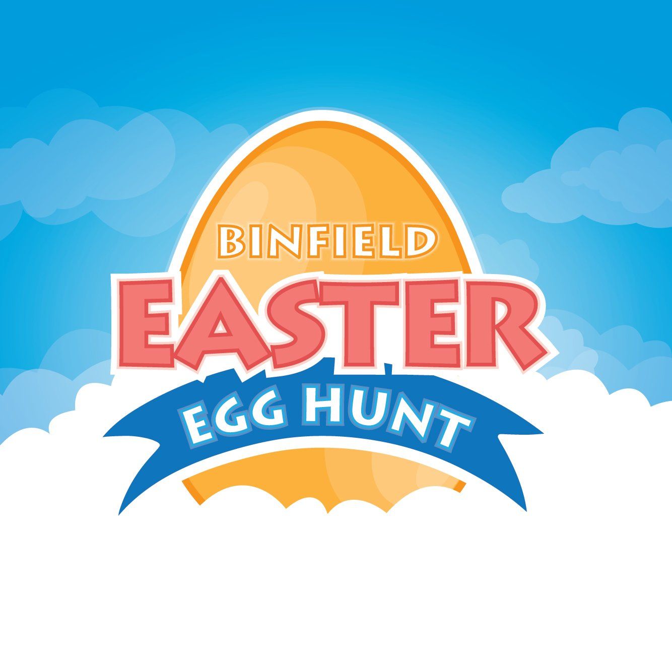 Binfield Easter Egg Hunt logo. Orange egg shape with blue sky and white clouds. Red and blue text.
