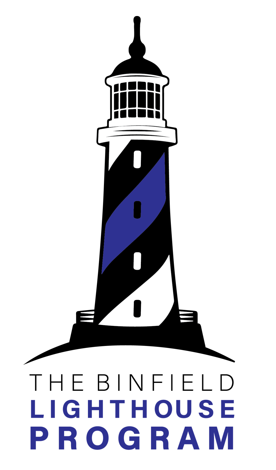Lighthouse with black and white stripes and blue accent,
