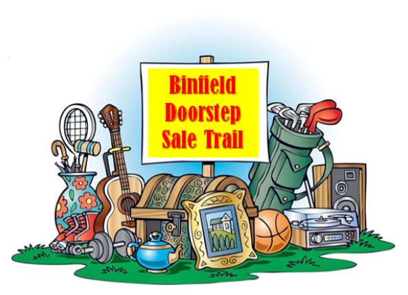 Binfield Doorstep Sale Trail sign surrounded by assorted items for sale.