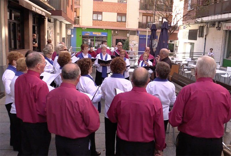 Coro con camisas rosas a juego y detalles azules cantando al aire libre.