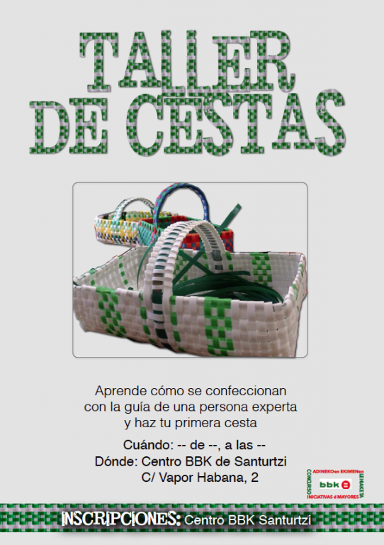 Cartel de un taller de cestas, que muestra una cesta tejida en blanco y verde; el texto incluye detalles de la ubicación.