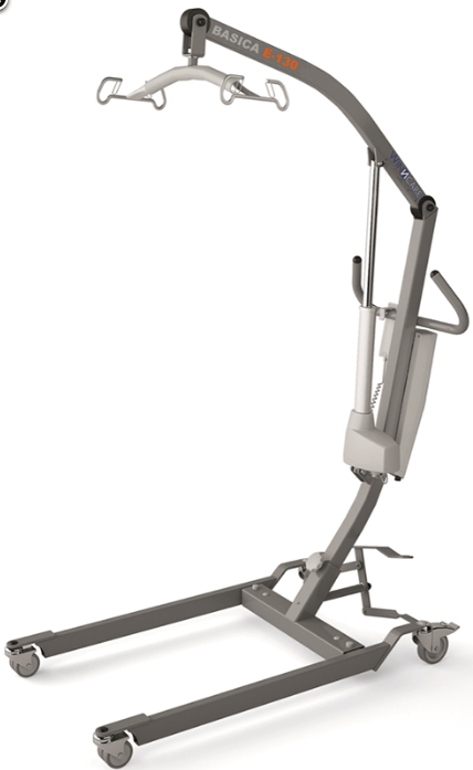 Grúa elevadora de pacientes de color gris con soporte de arnés, para el traslado de personas.