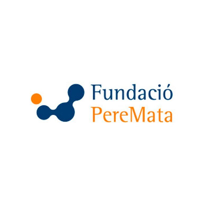 Logotipo de la Fundació Pere Mata: puntos y texto conectados en azul y naranja.