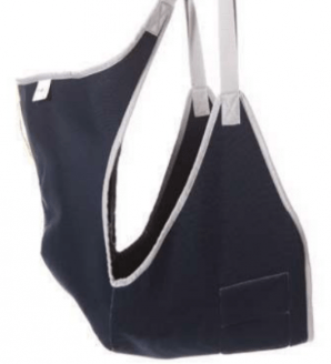 Arnés para paciente elevador, de color azul y gris, con correas y bolsillo.