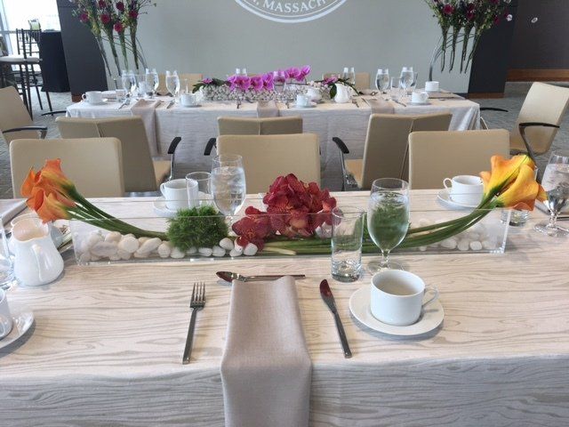 The word massachusetts is on the wall behind the table
