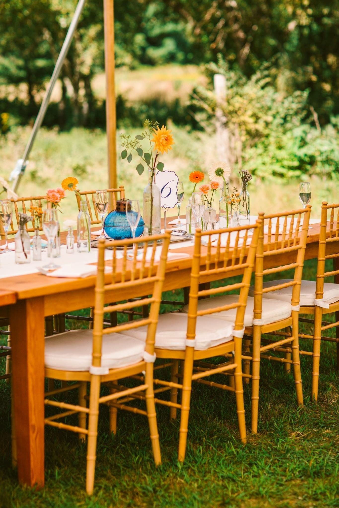 A long wooden table and chairs are sitting on top of a lush green field.
