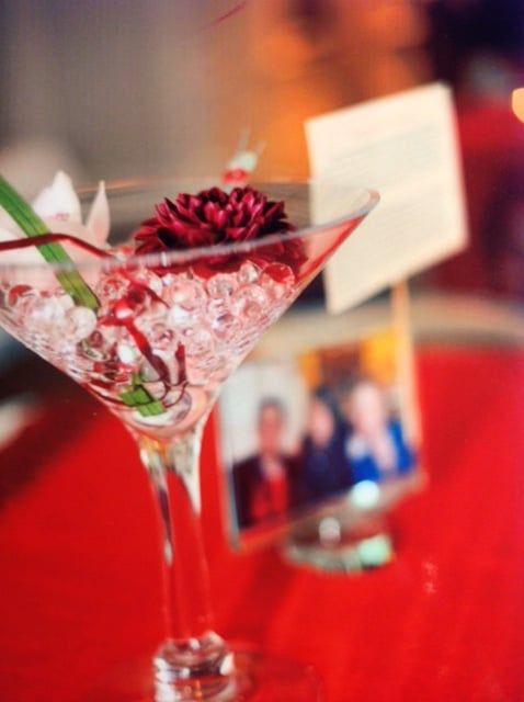 A martini glass with a red flower in it