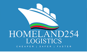 Logo for Homeland 254 Logistics featuring a stylized ship with Kenyan flag colors on a blue background.