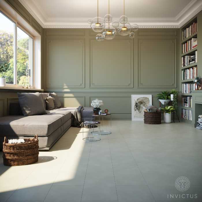 interior view of a room with bookshelves