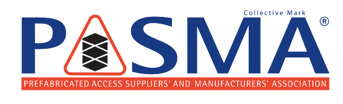 PASMA logo with blue and red lettering and a stylized tower icon inside the A