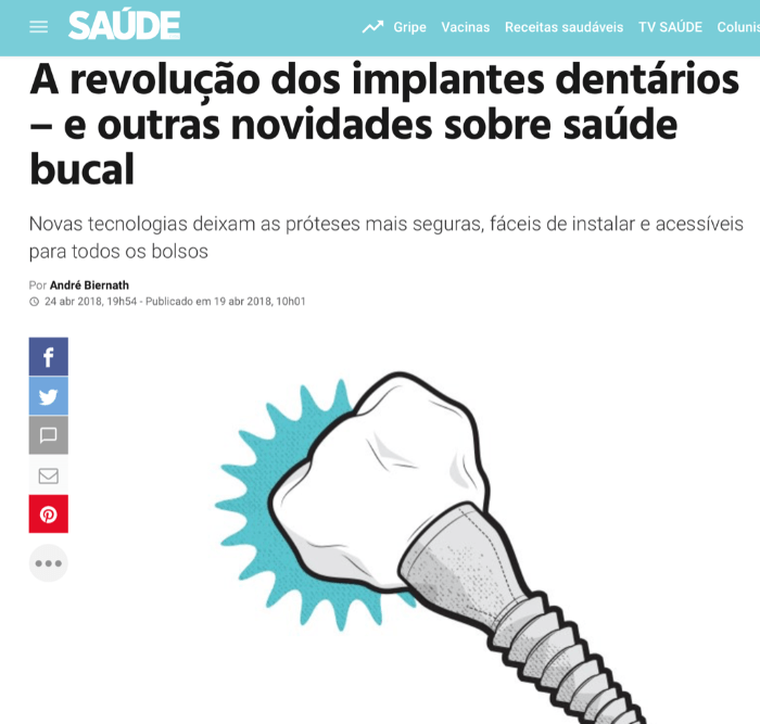 Artículo sobre implantes dentales con ilustración de un diente con un tornillo, sobre fondo azul.