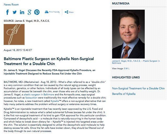 News article featuring Dr. James V. Vogel about Kybella, a non-surgical double chin treatment.