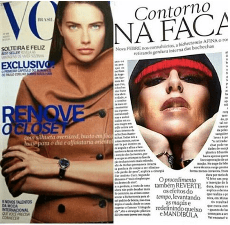 Capas de revistas com modelos; uma promove uma renovação do guarda-roupa, a outra discute cirurgia de contorno facial.