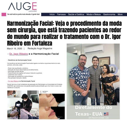 Articolo sull'armonizzazione facciale con il Dott. Igor Ribeiro a Fortaleza, con immagini del medico e dei pazienti.