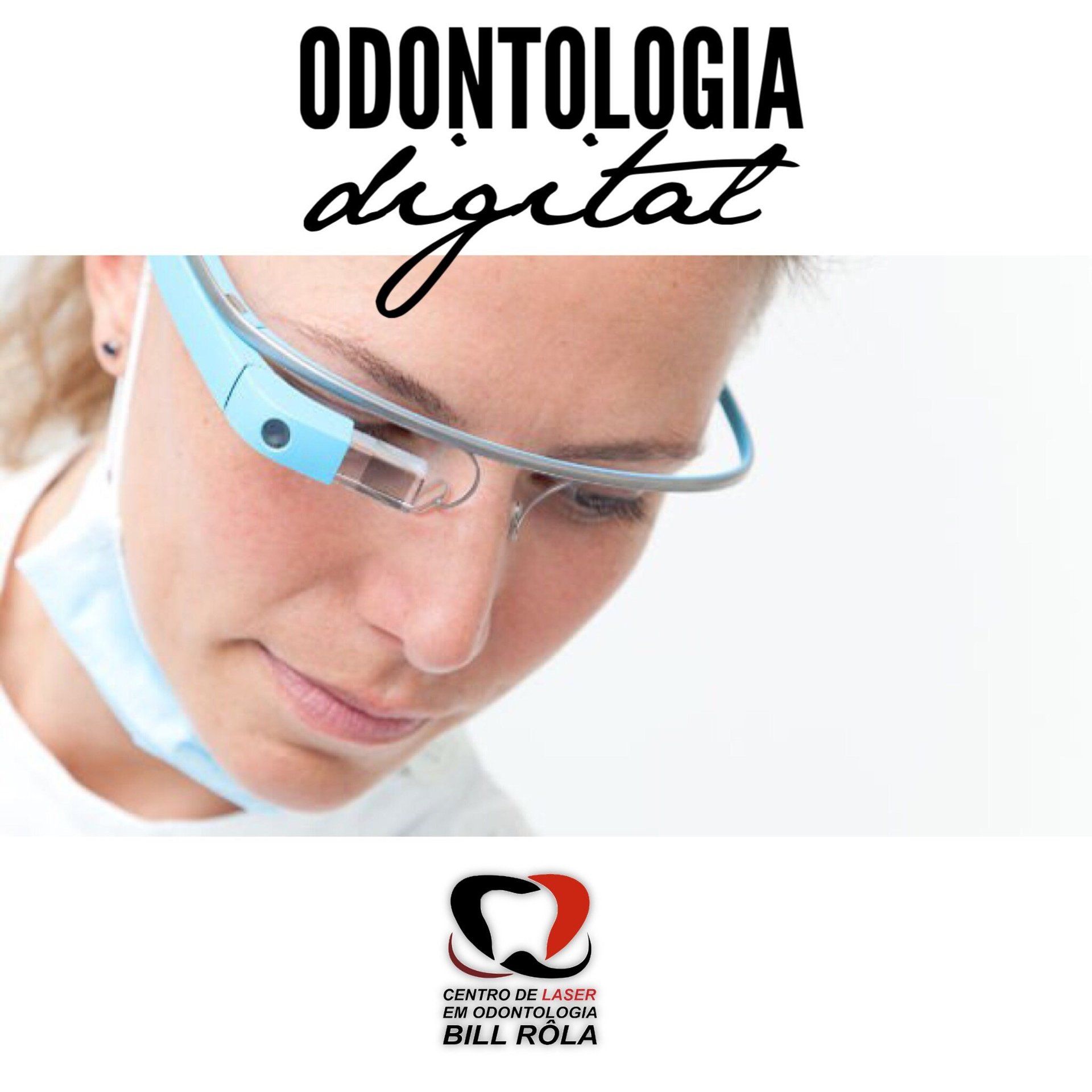 Dentista usando óculos digitais, concentrado, com o texto 