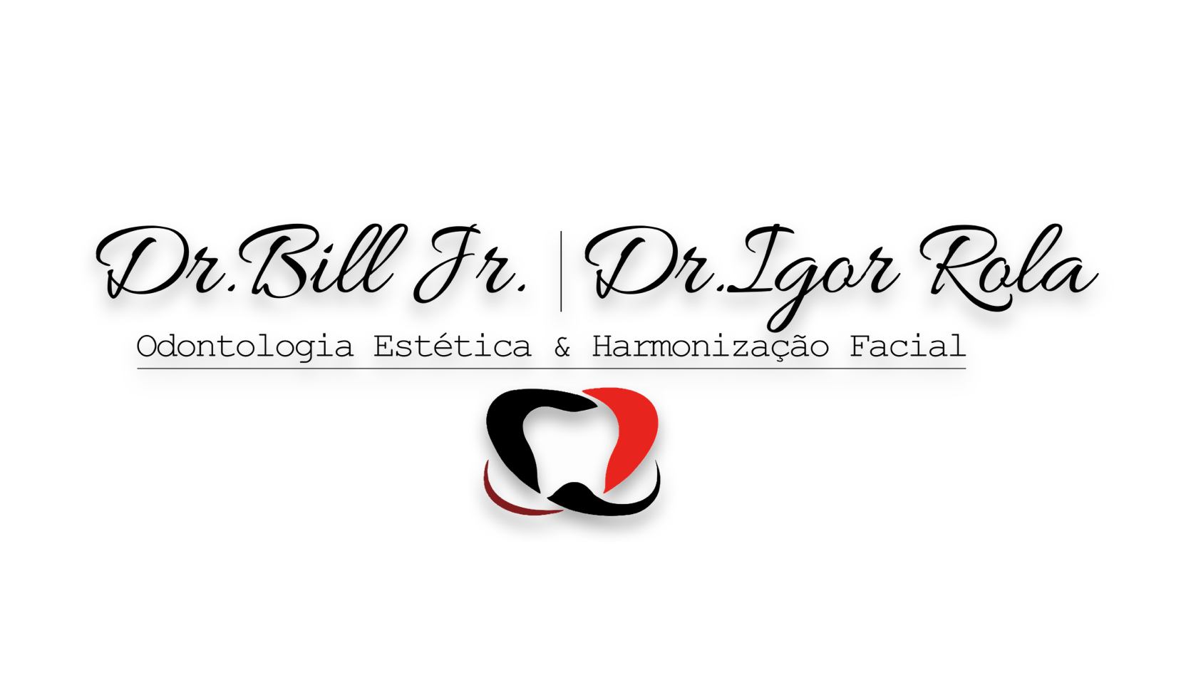 Logotipo para serviços odontológicos: Dr. Bill Jr., Dr. Igor Rola; apresenta um ícone de dente com corações nas cores preto, vermelho e branco.