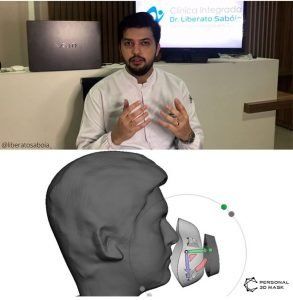 Man presenting, seated with laptop. Below: 3D face model with a diagram of a mask.