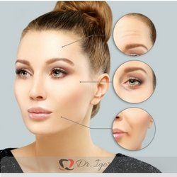 Rosto de mulher com áreas destacadas: rugas na testa, linhas de expressão sob os olhos e sulcos nasogenianos.