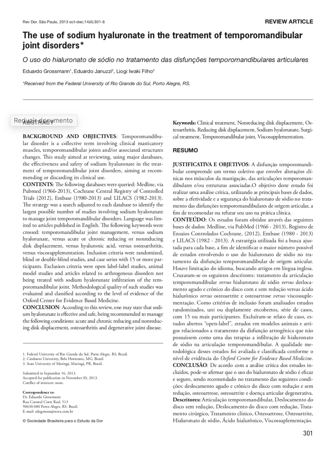 Un artículo científico sobre el uso del hialuronato de sodio en el tratamiento de los trastornos de la articulación temporomandibular.