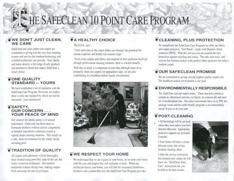 Flyer for The SafeClean 10 Point Care Program with cleaning services, guarantees, and safety claims