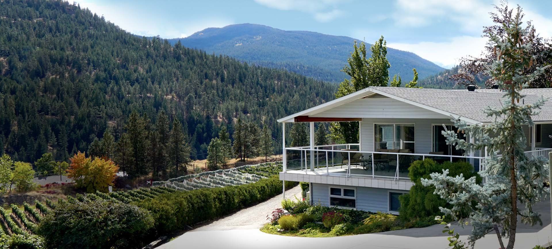 A house in the middle of a forest with mountains in the background